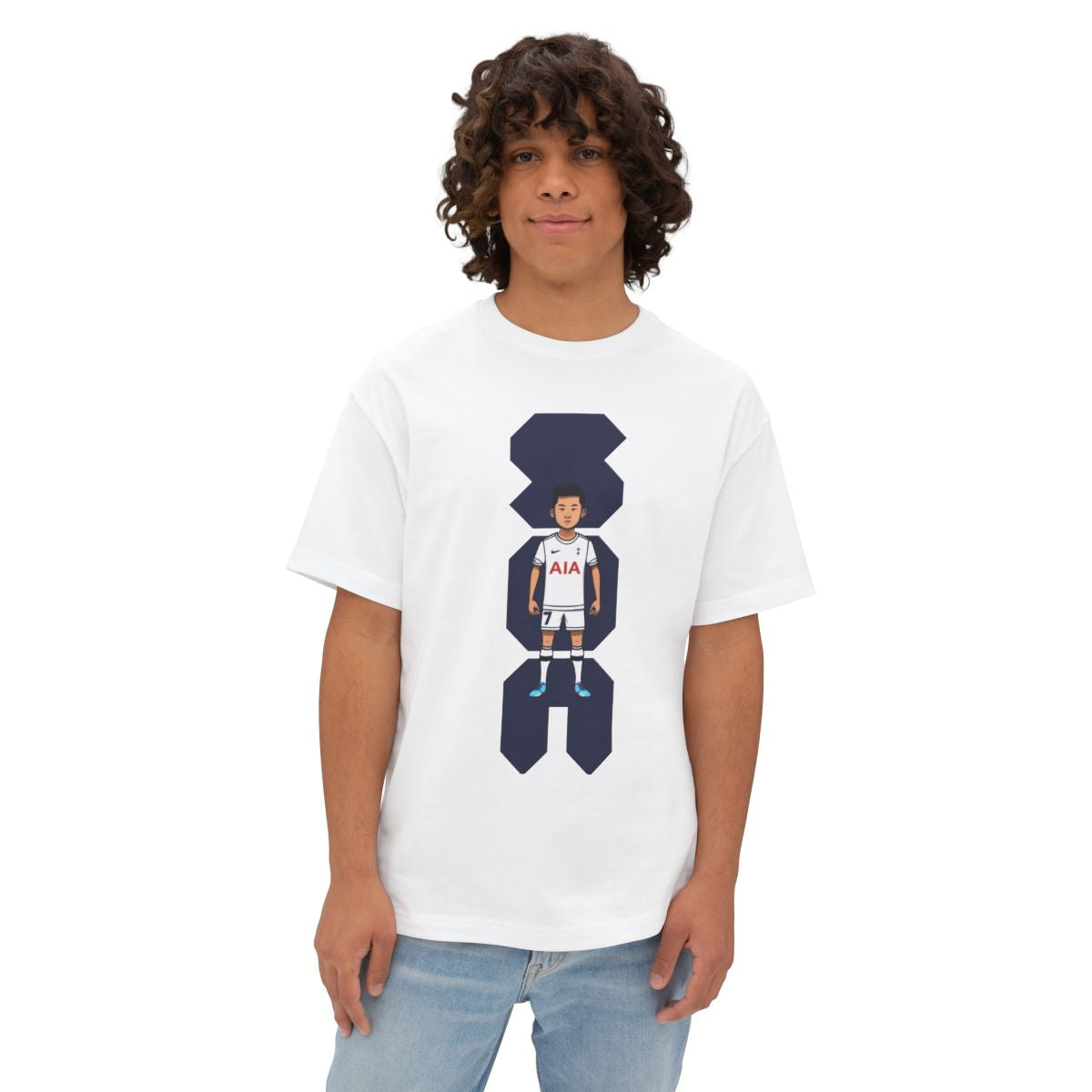 Person wearing a white Tottenham Hotspur t-shirt with a graphic design on a white background