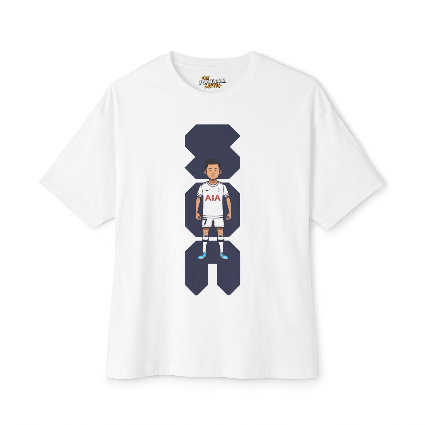 White Tottenham Hotspur t-shirt with a graphic design of a person in a sports uniform on a white background