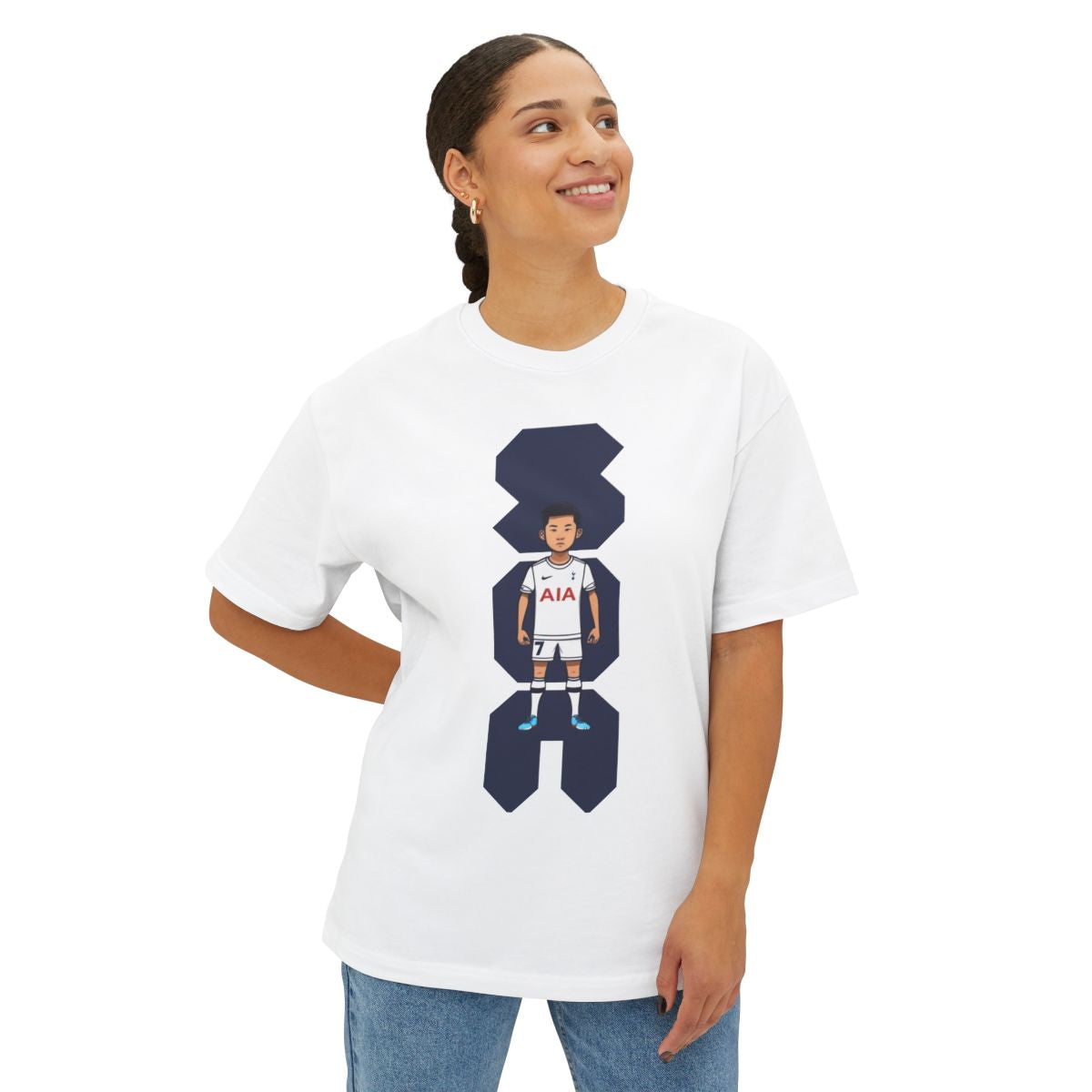 Person wearing a white Tottenham Hotspur t-shirt with a graphic design on a white background