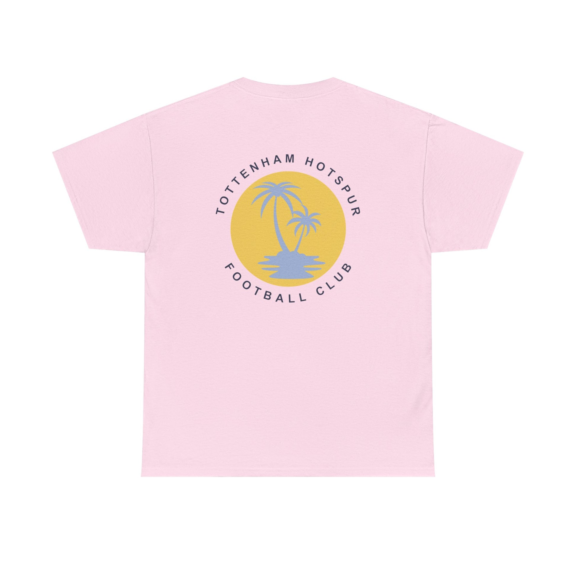 Pink t-shirt with Tottenham Hotspur logo featuring palm trees on a white background