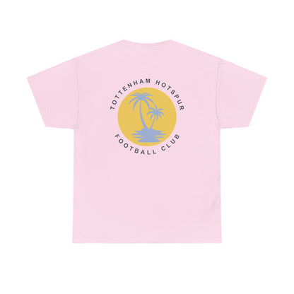 Pink t-shirt with Tottenham Hotspur logo featuring palm trees on a white background