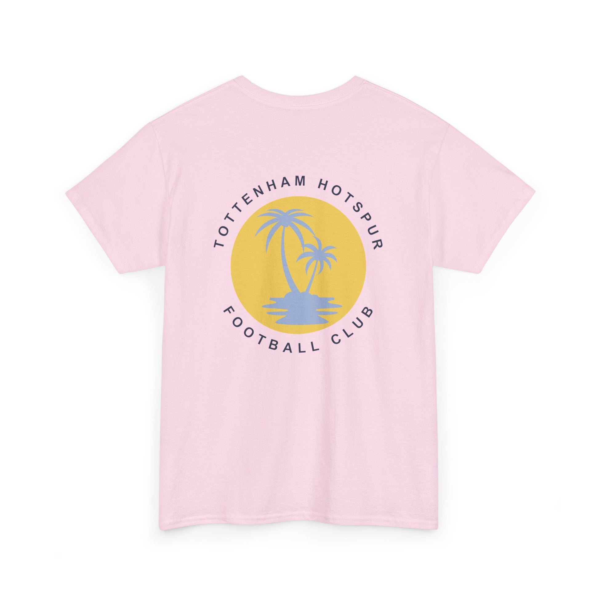 Pink t-shirt with a palm tree design and 'Tottenham Hotspur Football Club' text on a white background