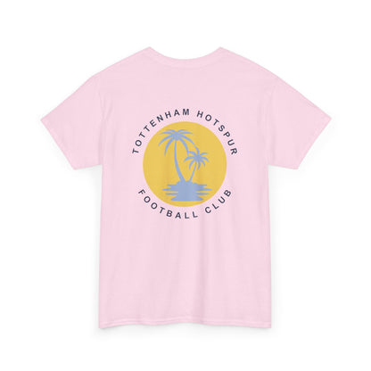 Pink t-shirt with a palm tree design and 'Tottenham Hotspur Football Club' text on a white background