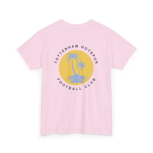 Pink t-shirt with a palm tree design and 'Tottenham Hotspur Football Club' text on a white background