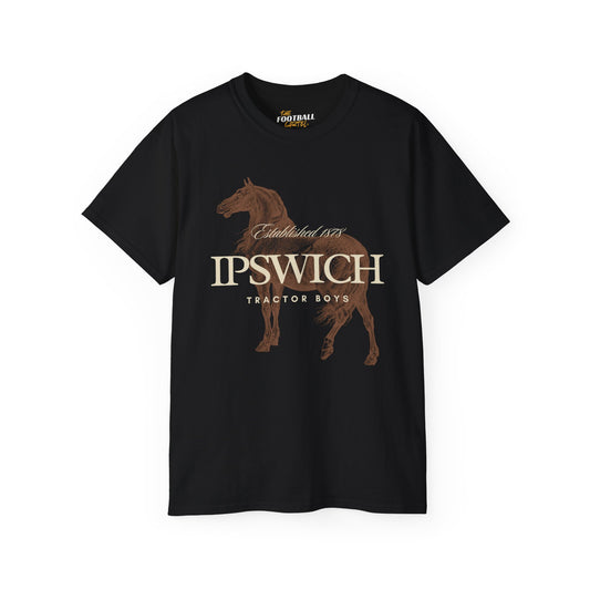 Black t-shirt with horse graphic and 'Ipswich Tractor Boys' text on a white background