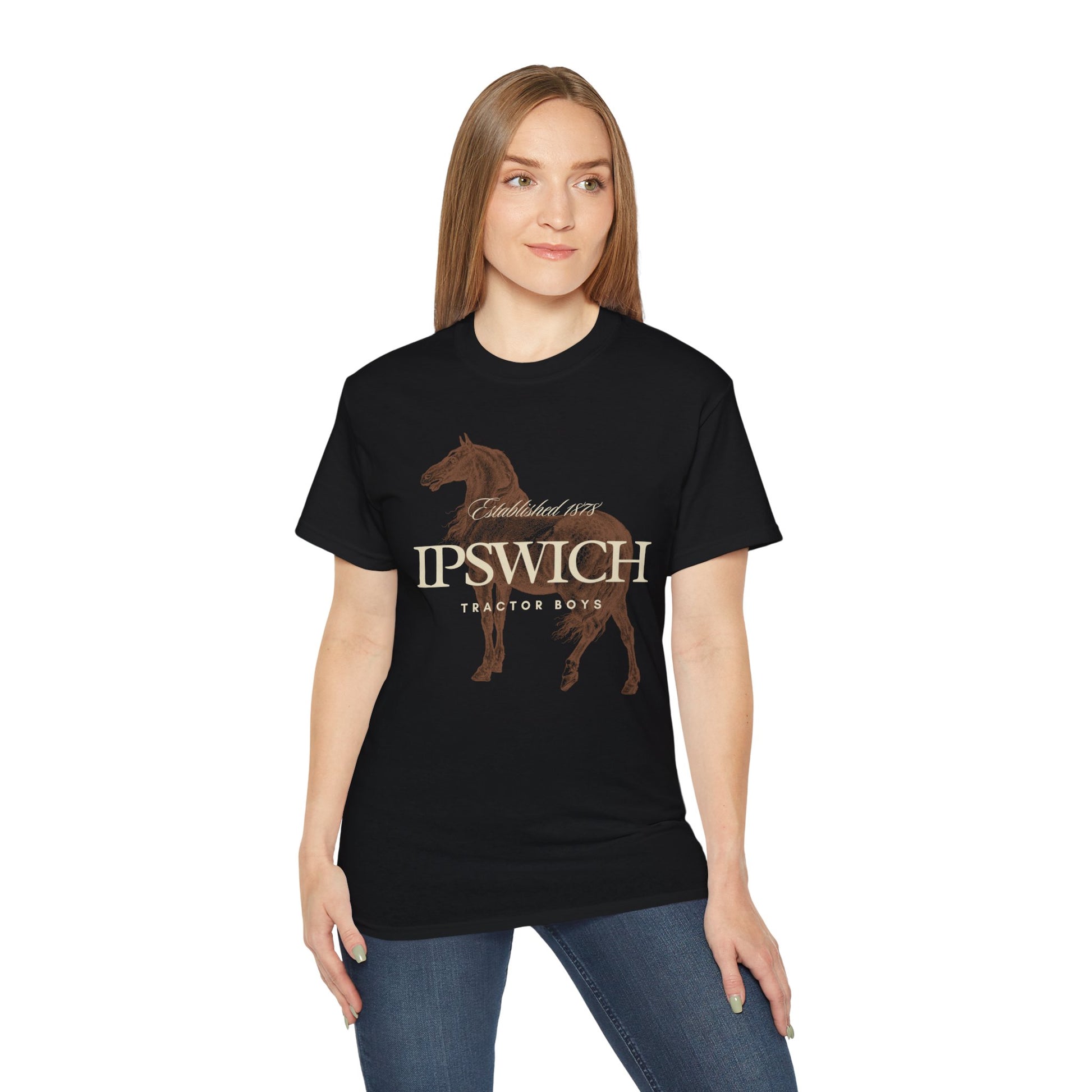 Person wearing a black t-shirt with 'Ipswich Tractor Boys' logo on a white background