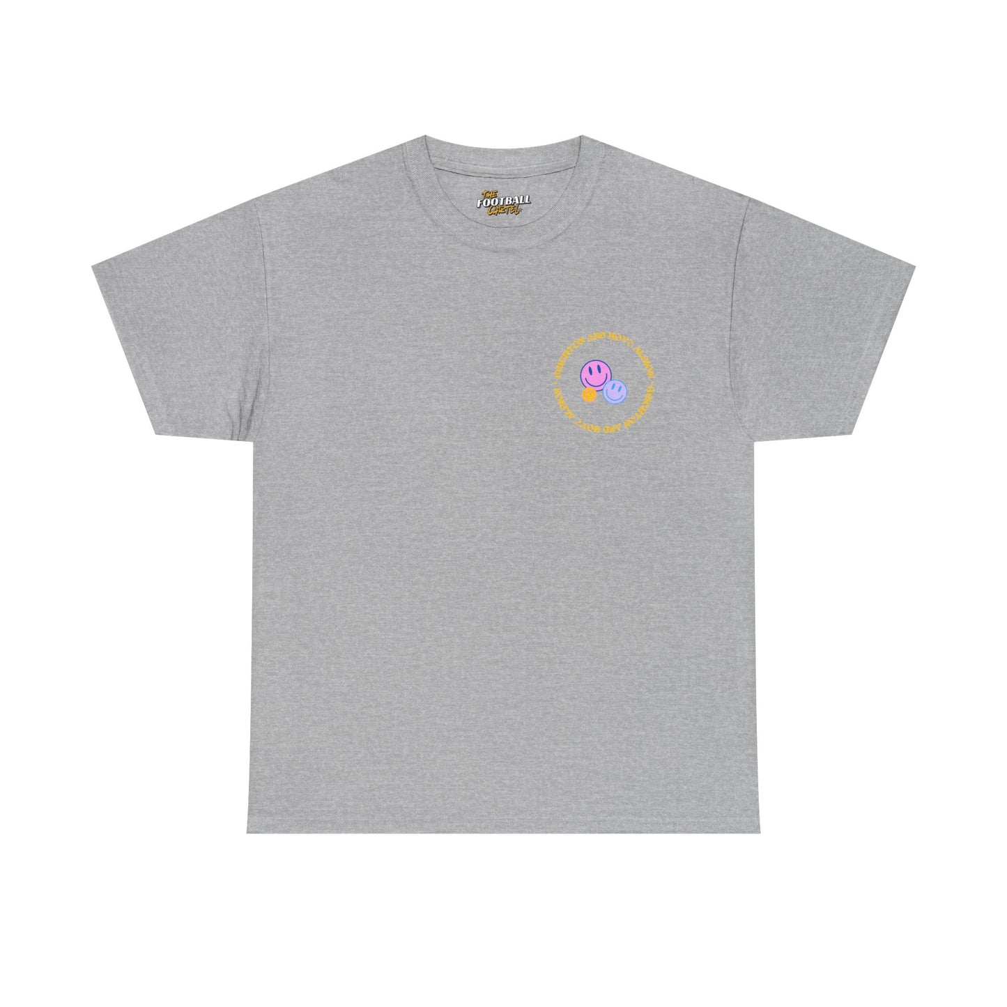 Gray t-shirt with a small colorful logo on a white background