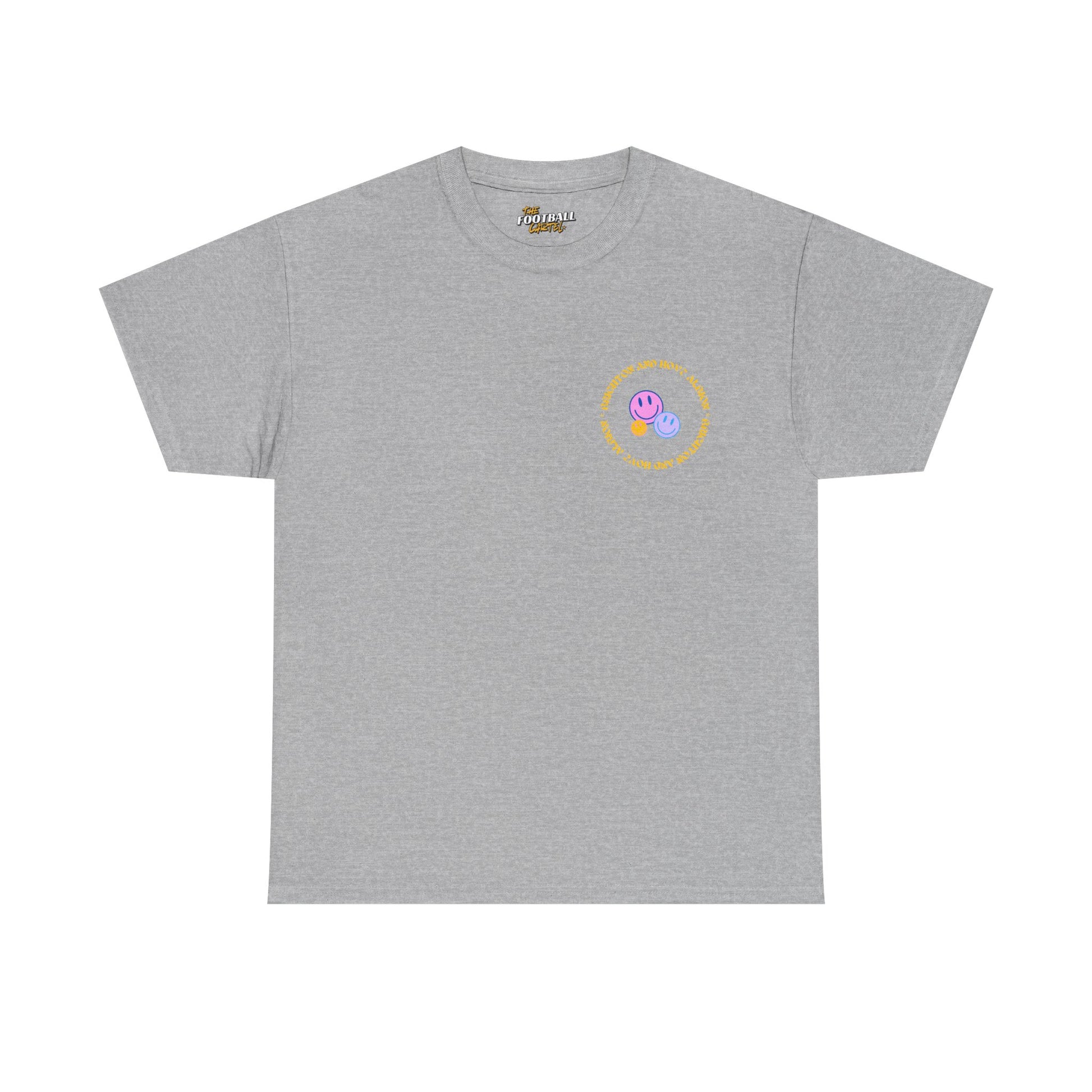 Gray t-shirt with a small colorful logo on a white background