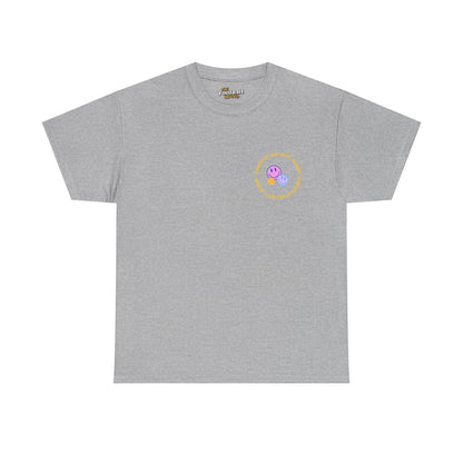 Gray t-shirt with a small colorful logo on a white background