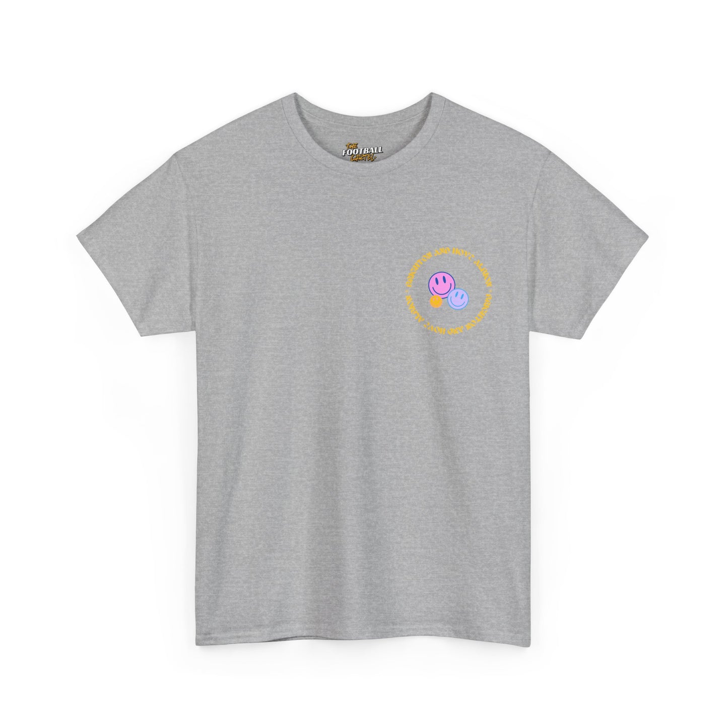 Gray t-shirt with a colorful smiley face design on a white background