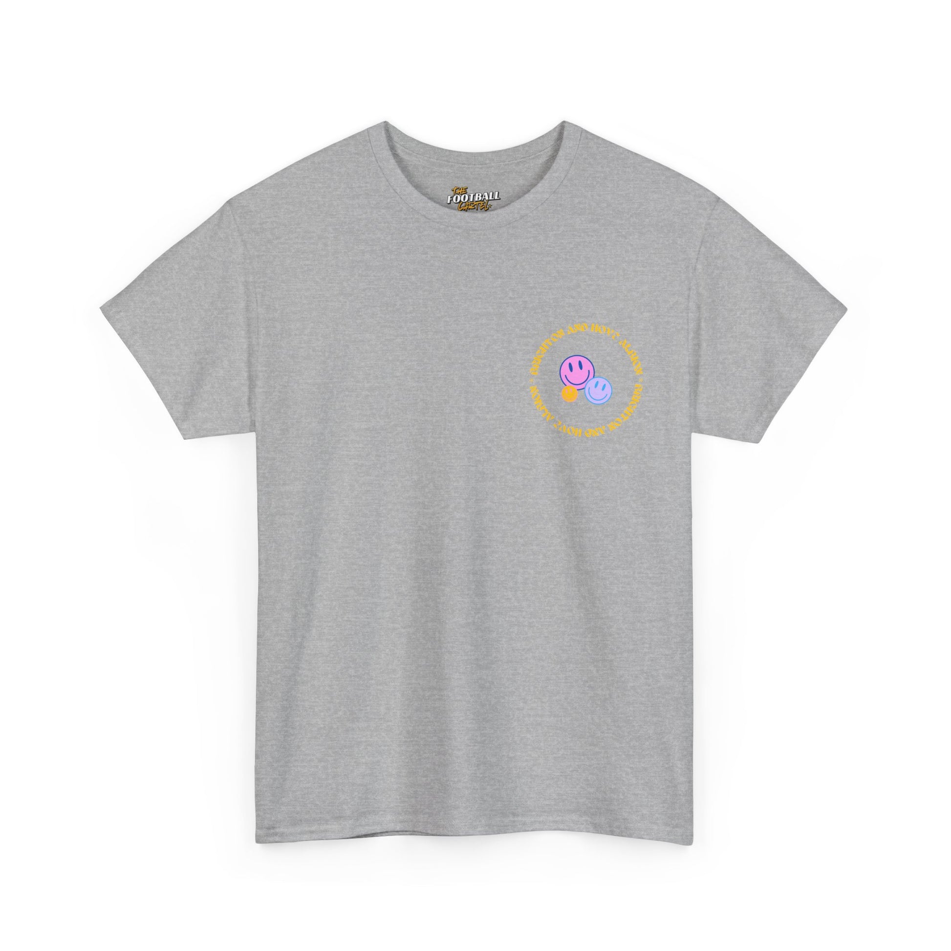 Gray t-shirt with a colorful smiley face design on a white background