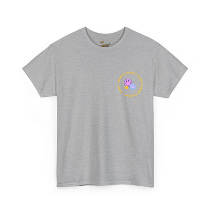Gray t-shirt with a colorful smiley face design on a white background