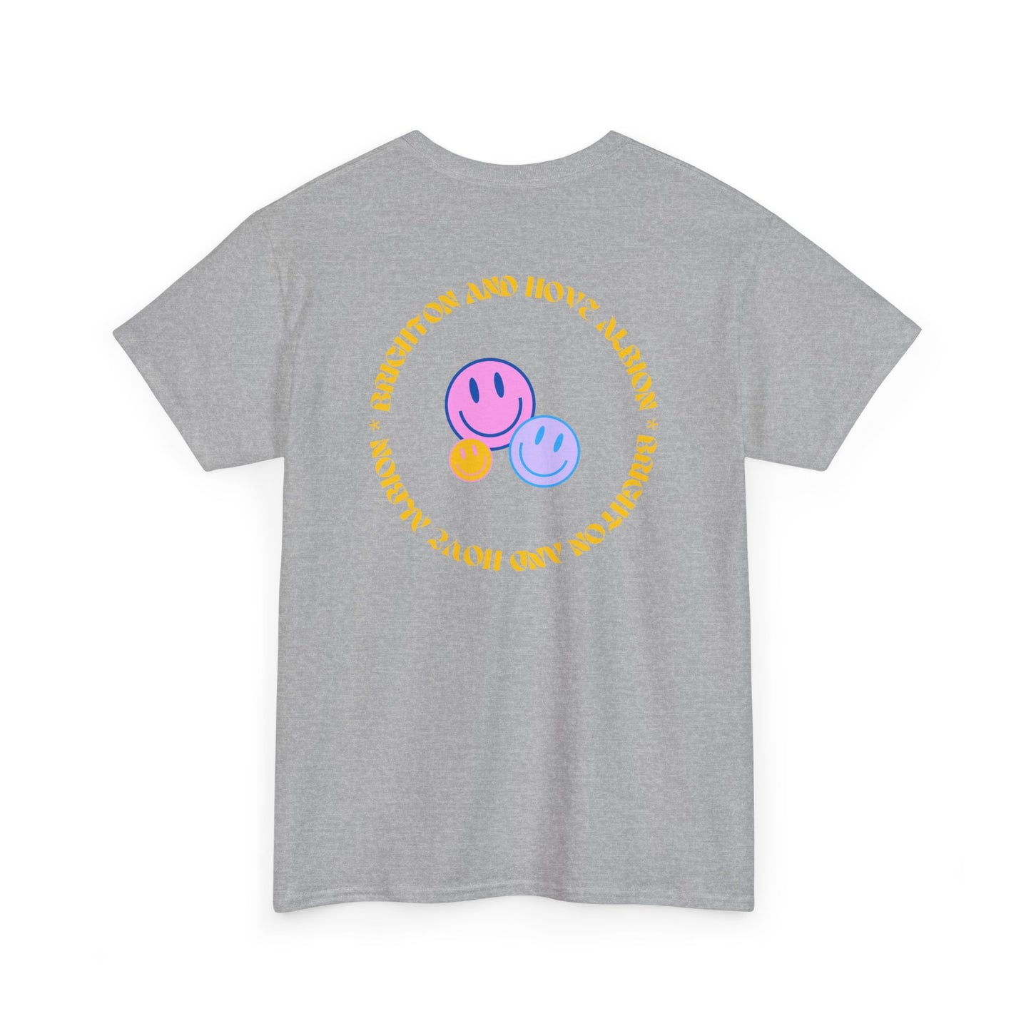 Gray t-shirt with smiley face design and text on a white background