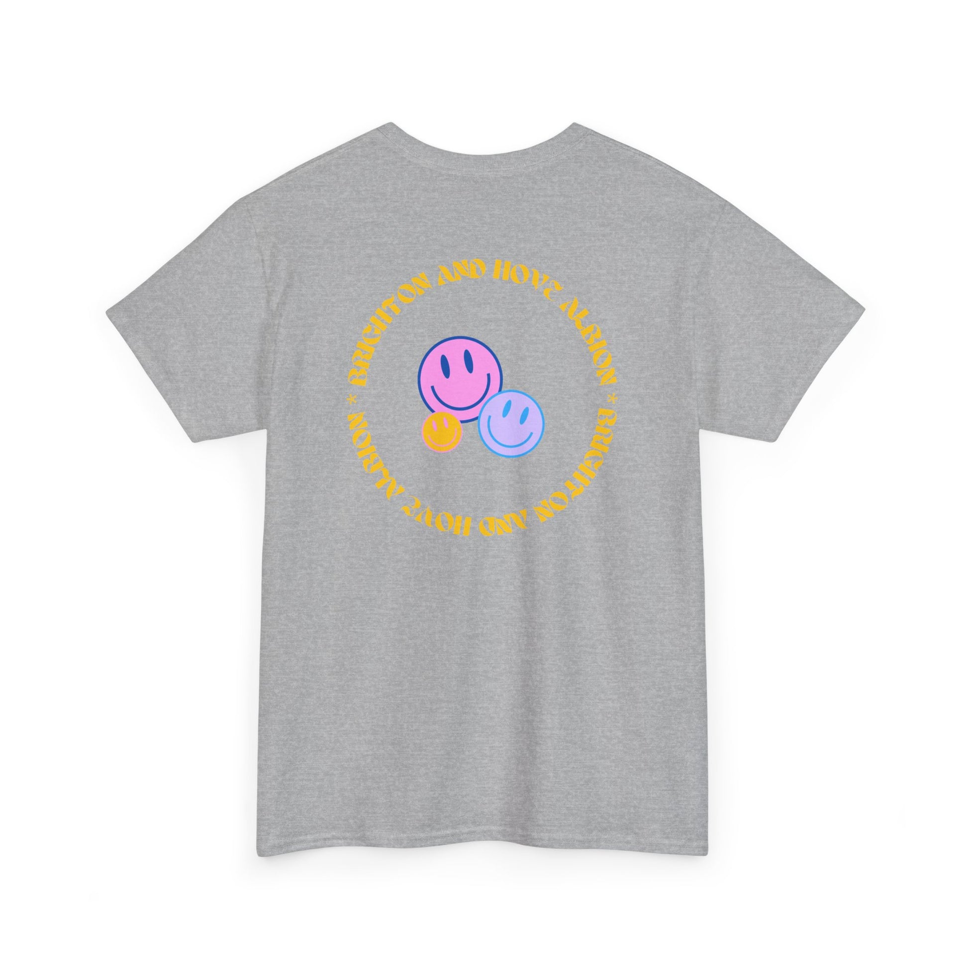 Gray t-shirt with smiley face design and text on a white background