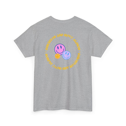 Gray t-shirt with smiley face design and text on a white background