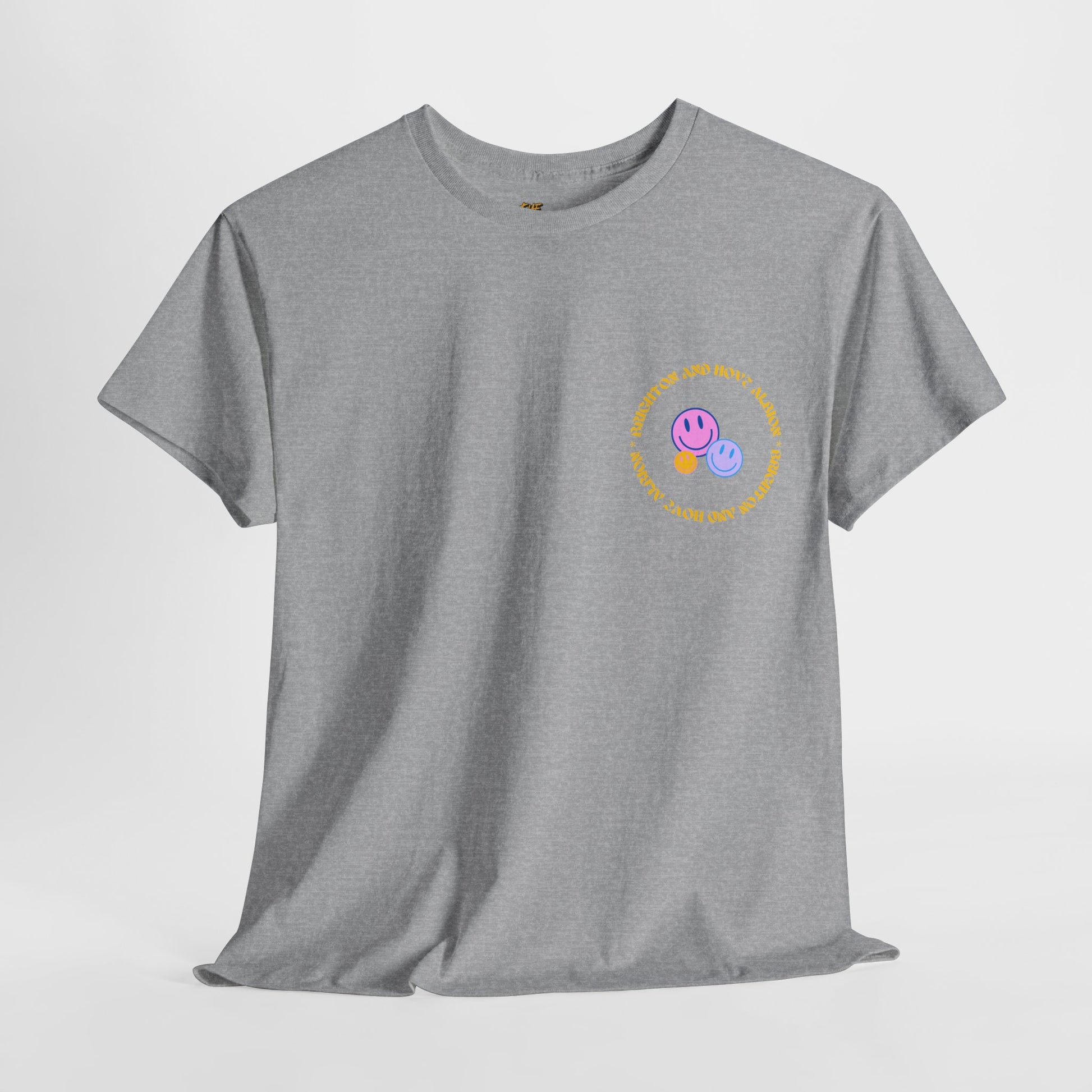 Gray t-shirt with a colorful graphic on a light gray background
