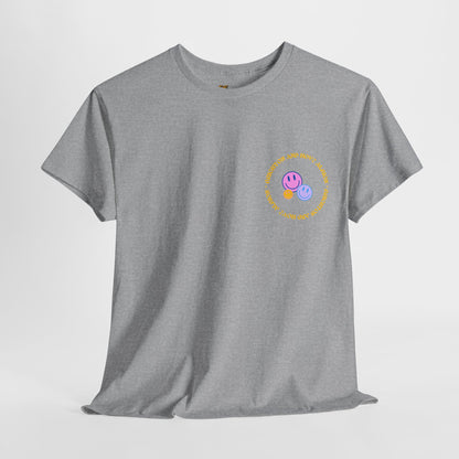 Gray t-shirt with a colorful graphic on a light gray background
