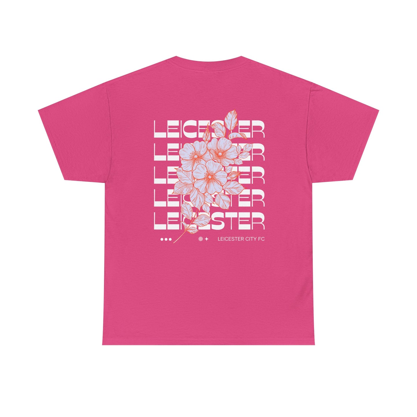 Pink Leicester city fc t-shirt with floral design and text on the back against a white background