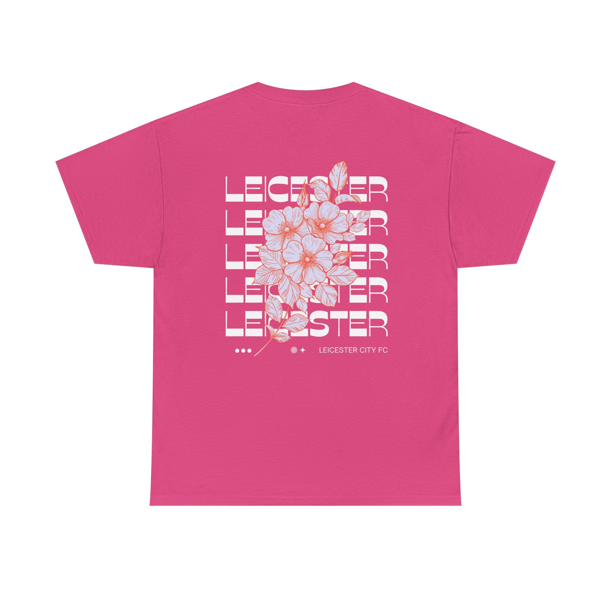 Pink Leicester city fc t-shirt with floral design and text on the back against a white background