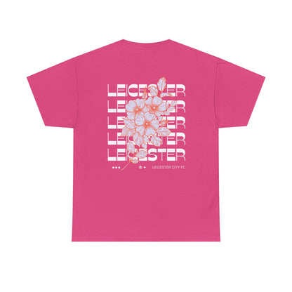 Pink Leicester city fc t-shirt with floral design and text on the back against a white background