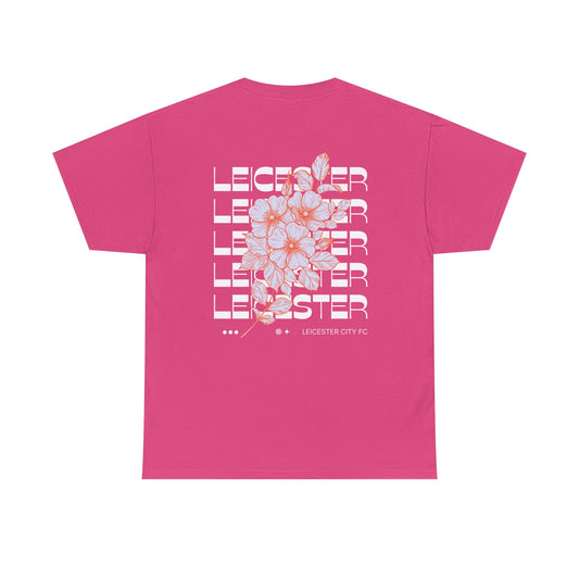 Pink Leicester city fc t-shirt with floral design and text on the back against a white background