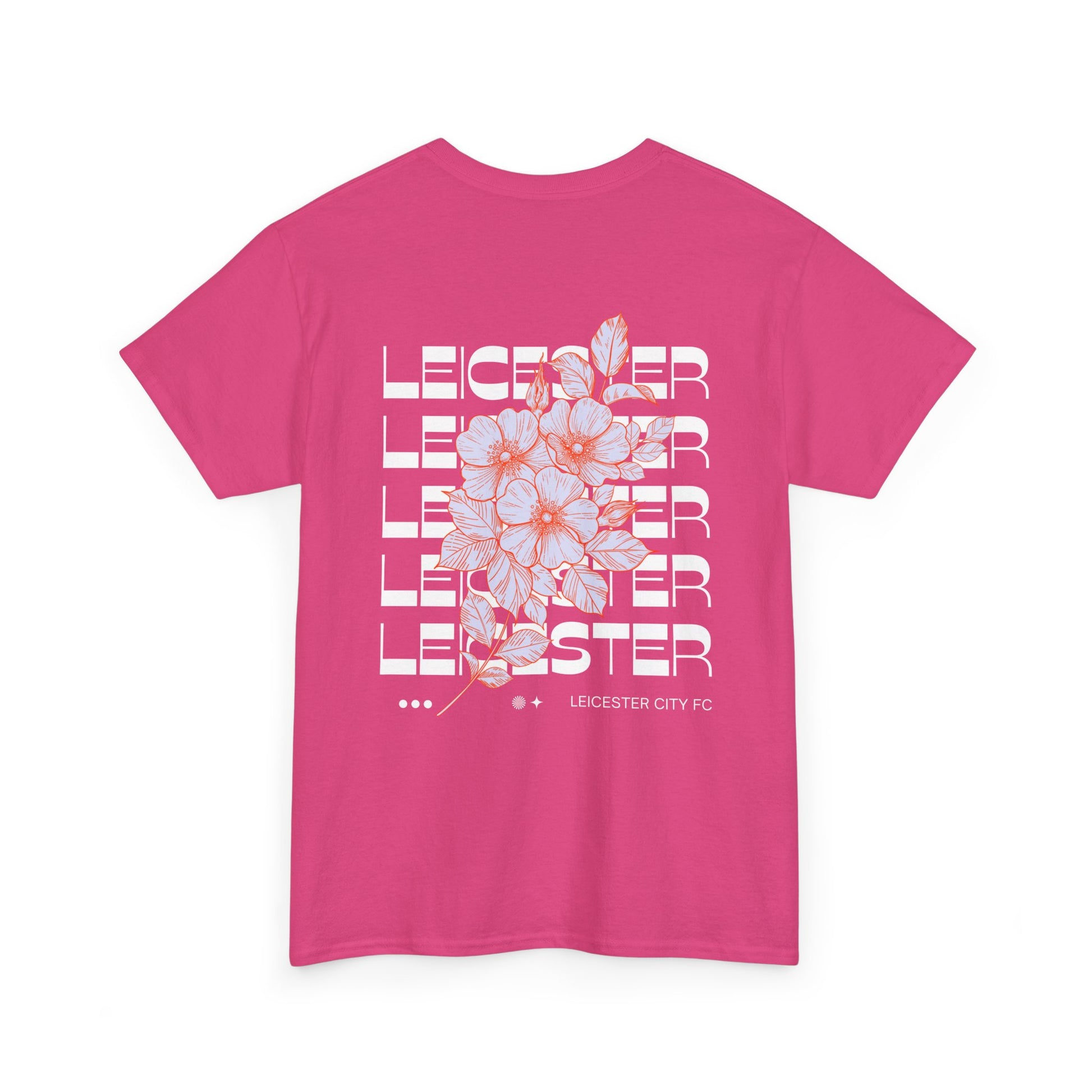 Pink t-shirt with 'Leicester' text and floral design on a white background