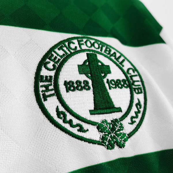 Close-up of The Celtic Football Club logo on a Celtic 87/88 long sleeve home shirt