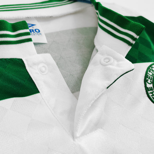 Close-up of a green and white Celtic 87/88 long sleeve home shirt