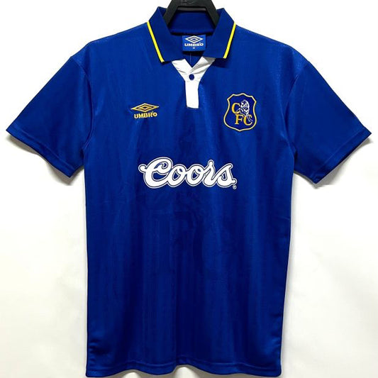 Blue Chelsea 95-97 home shirt with Coors logo on a white background