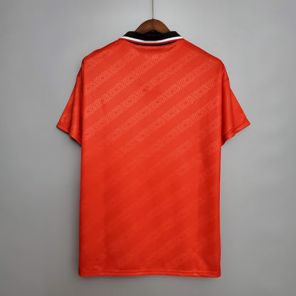 Red Nottingham forest 95/96 home shirt with black and white pattern on a gray background