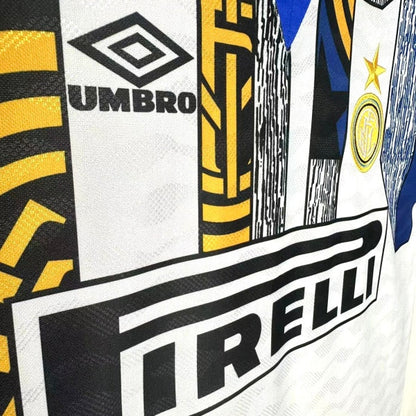 Close-up of a Inter Milan 95/96 away shirt with Umbro and Pirelli logos.