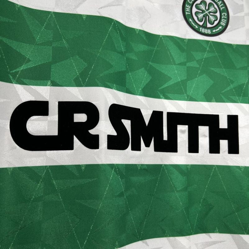Green and white patterned Celtic 89-91 home shirt  with 'CR SMITH' text and a logo in the corner.