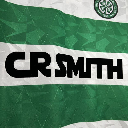 Green and white patterned Celtic 89-91 home shirt  with 'CR SMITH' text and a logo in the corner.