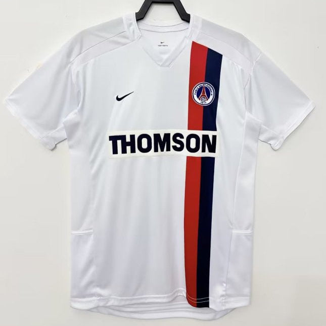 White psg 02/03 away shirt with red and blue stripes and visible branding on a white background