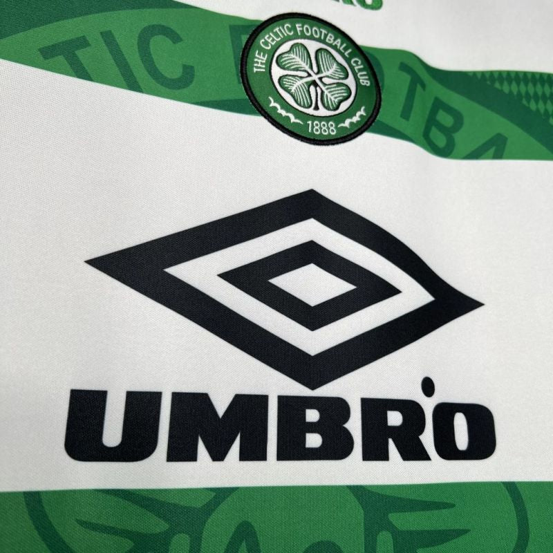 Close-up of a Celtic 98/99 home shirt with Celtic FC and Umbro logos.