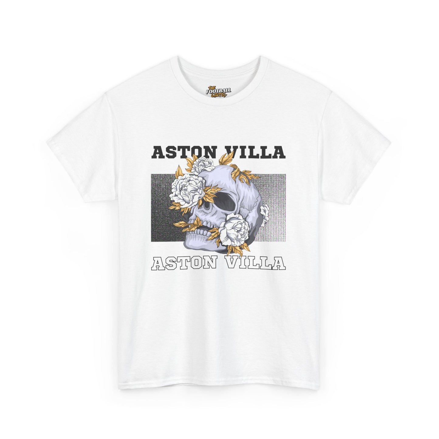 White t-shirt with skull design and 'Aston Villa' text on a white background
