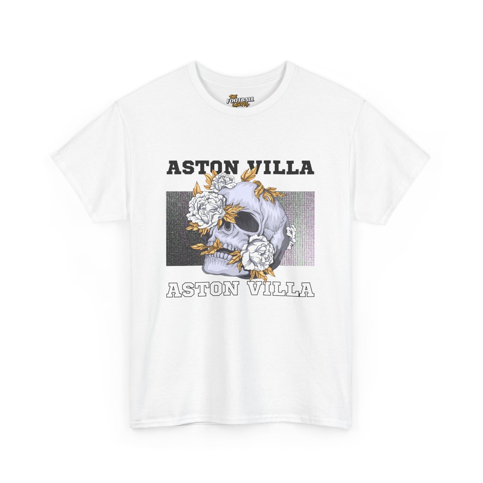 White t-shirt with skull design and 'Aston Villa' text on a white background