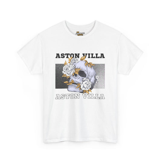 White t-shirt with skull design and 'Aston Villa' text on a white background