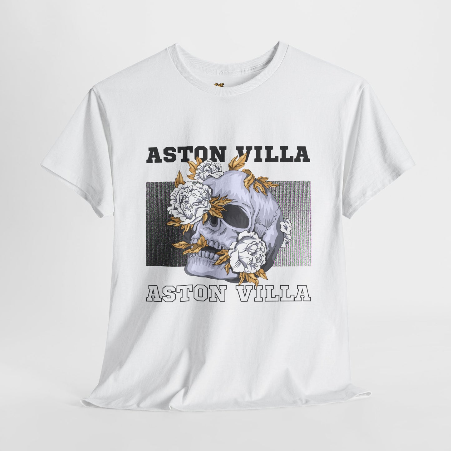 White t-shirt with 'Aston Villa' design featuring a skull and roses on a white background