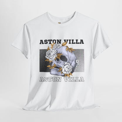 White t-shirt with 'Aston Villa' design featuring a skull and roses on a white background