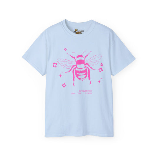 Light blue t-shirt with pink bee graphic on a white background