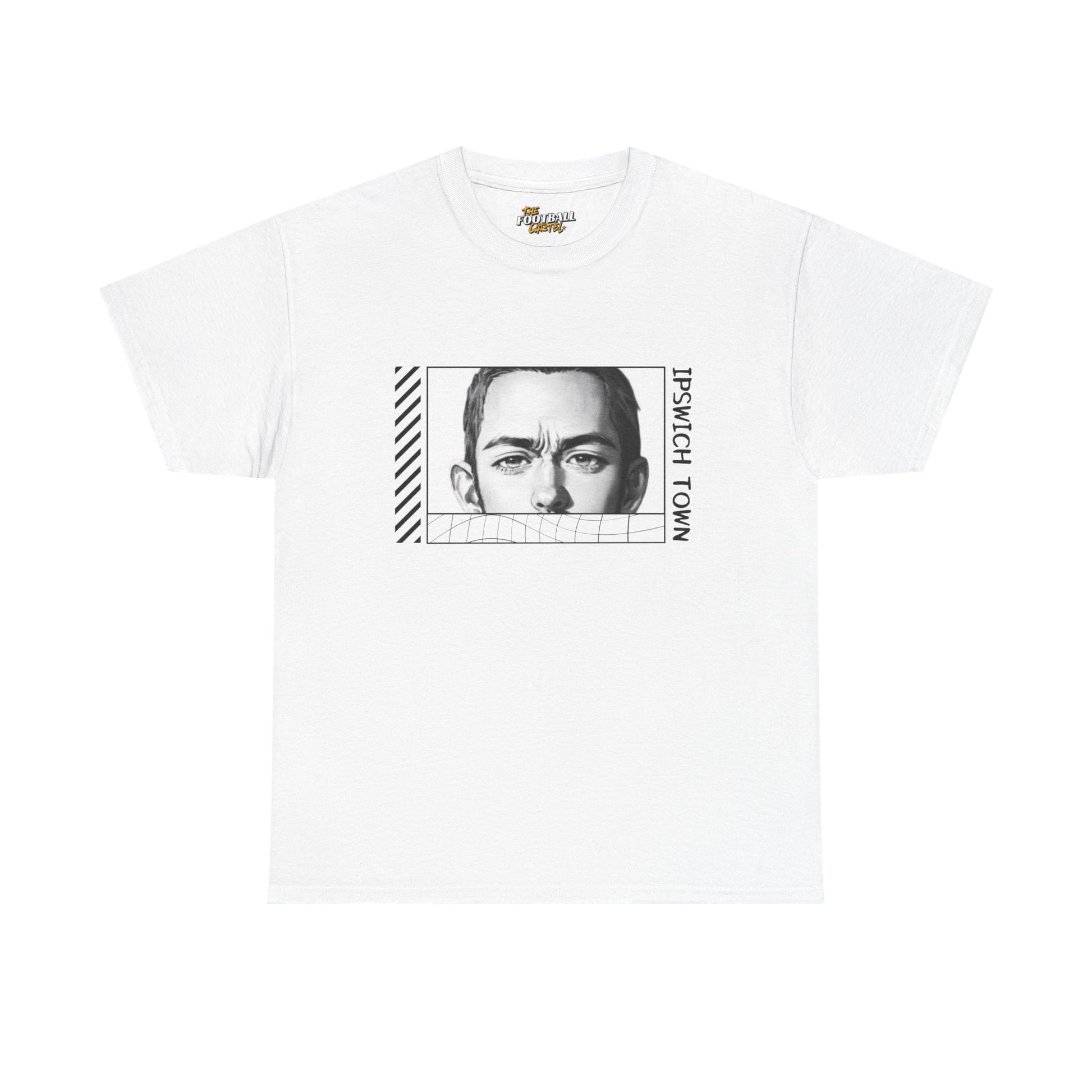 White Ipswich town t-shirt with a graphic of a face and text on a white background