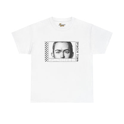 White Ipswich town t-shirt with a graphic of a face and text on a white background
