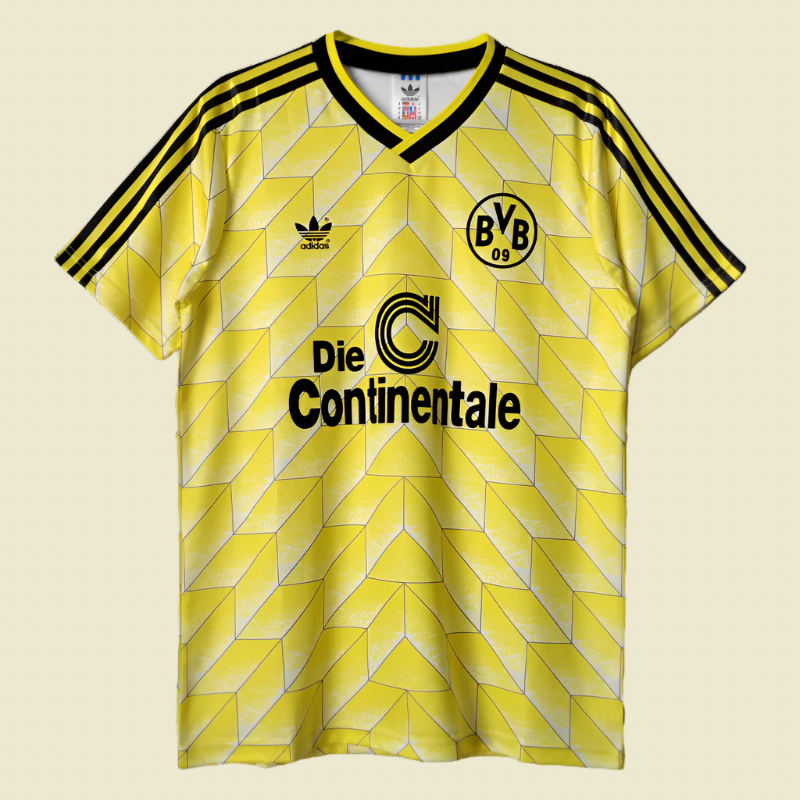 Yellow Dortmund 88/89 home shirt  with Adidas and Borussia Dortmund logos on a white background