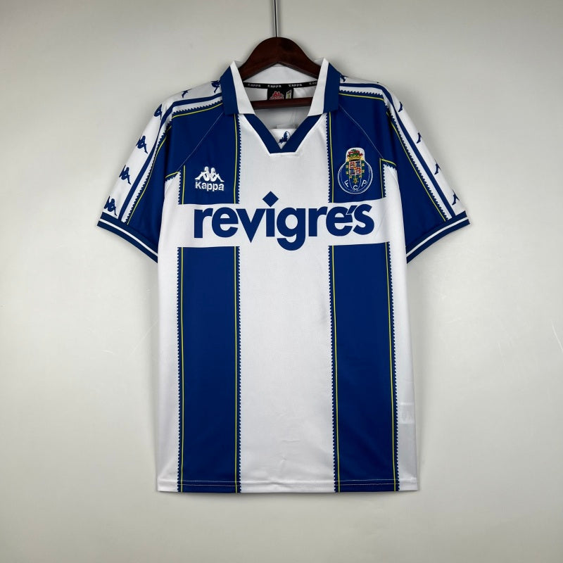 White and blue Porto 97-99 home shirt with 'Kappa' and 'Revigres' logos on a hanger against a white background
