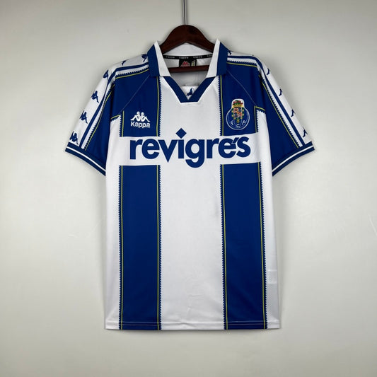 White and blue Porto 97-99 home shirt with 'Kappa' and 'Revigres' logos on a hanger against a white background