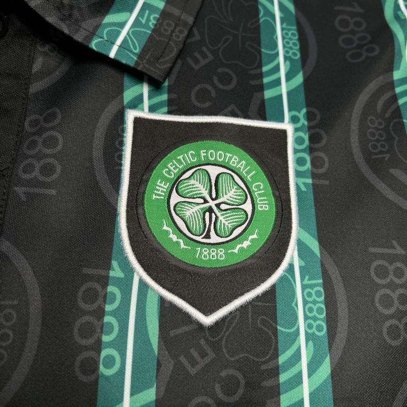 Green and black Celtic 92/93 away shirt with Celtic Football Club logo
