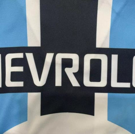 Close-up of a Gremio 2000 home shirt  with Chevrolet logo