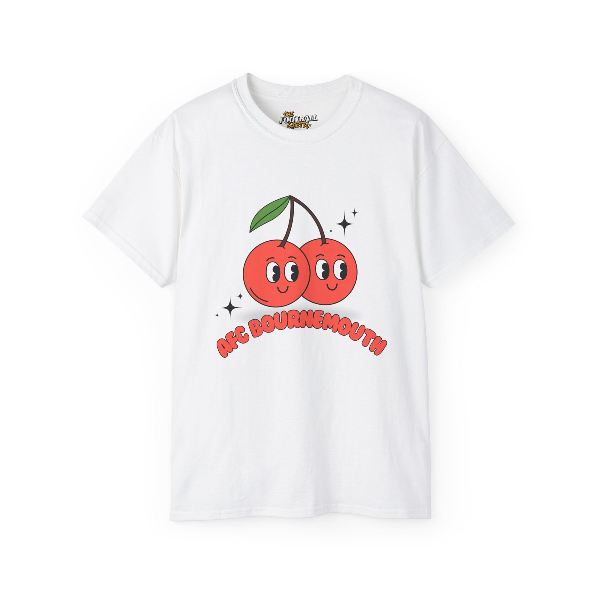 White t-shirt with cartoon cherries and text on a white background