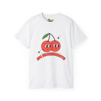 White t-shirt with cartoon cherries and text on a white background